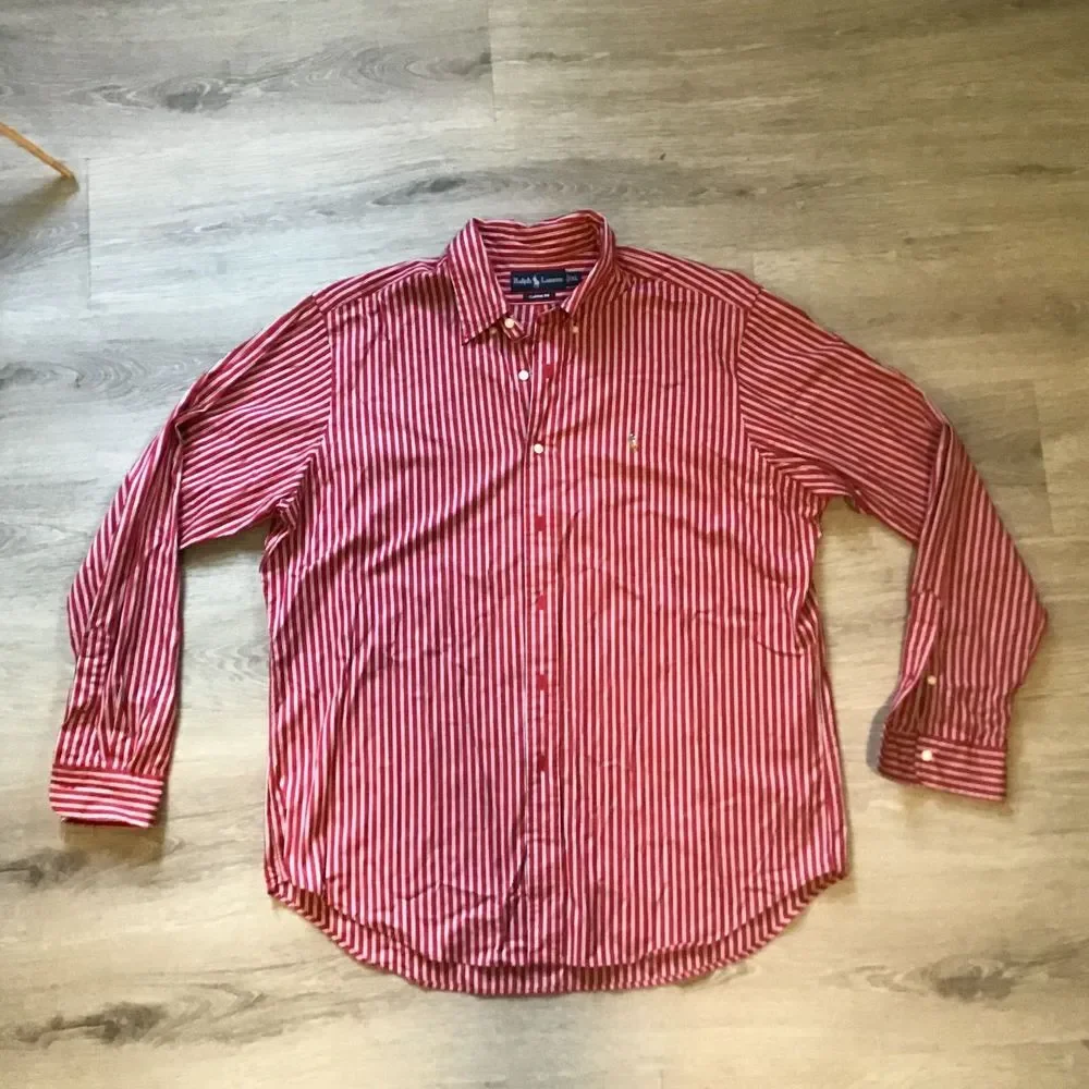 Ralph Lauren Long Sleeve Men's XL Shirt Red, White and Blue‎ Striped Flesh Pony